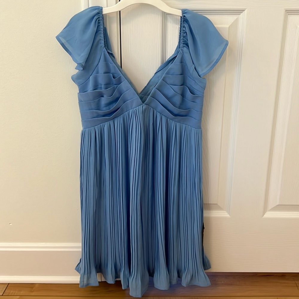 NWT Lulus Amalfi Coast Light Blue Pleated Flutter Sleeve Mini Dress